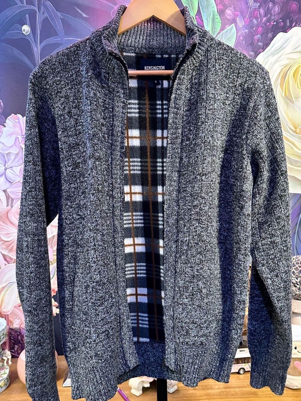 Kensington Eastside S Marled Knit Zip Cardigan Plaid Lined Preppy Cozy Gray